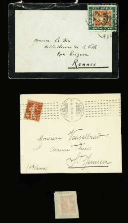 Type Semeuse : n°138 OBL (1910) sur porte-timbre autonomiste breton "Dalc homp stard bepred evit breiz" sur lettre - n°138 OBL mec "Angoulême-gare Charente" (1912) sur lettre et n°138, timbre en sachet "Au Printemps". TB