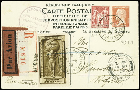 N°216 5F Sage OBL CAD "Exposition philatélique Paris" (12.5.25) sur entier carte postale 45c Pasteur expo. Phil de Paris (Pas E1) en recommandé pour la Grande-Bretagne. TB