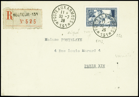N°252 Le Travail OBL CAD "Poste aux armées 131" (1928 - EMS occupation en Allemagne) seul sur lettre recommandée. TB