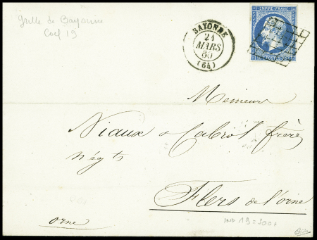 N°14 OBL grille + T15 Bayonne (1860) sur lettre, ind 19. TB