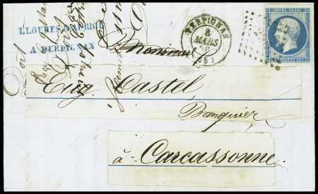 N°14 OBL PC 2407 + T15 Perpignan (1858) sur lettre avec curiosité : l'expéditeur a collé 2 grands BDF avec filet d'encadrement pour inscrire une adresse de réexpédition à Carcassonne. TB