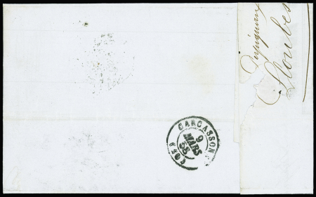 N°14 OBL PC 2407 + T15 Perpignan (1858) sur lettre avec curiosité : l'expéditeur a collé 2 grands BDF avec filet d'encadrement pour inscrire une adresse de réexpédition à Carcassonne. TB