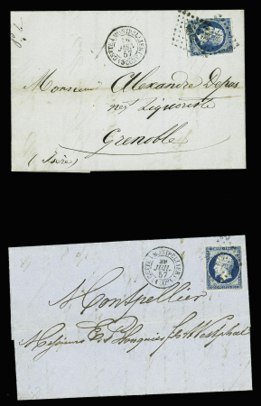 2 lettres : n°14 OBL PC + CAD rond d'essai "Cette à Montpellier (1 conv)" (29 juil 57) et n°14 OBL PC + CAD d'essai rond "Cette à Montpellier (3 conv)" (16 juin 57). TB