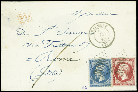 N°17 + 22 OBL GC 3090 + T15 "Realmont (77)" (1863) sur lettre pour Rome. TB