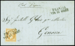 N°16 OBL linéaire "Francia via di mare" répétée à côté sur lettre de Constantinople pour Gênes (1862). TB