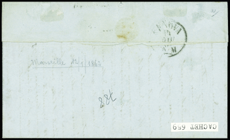 N°16 OBL linéaire "Francia via di mare" répétée à côté sur lettre de Constantinople pour Gênes (1862). TB