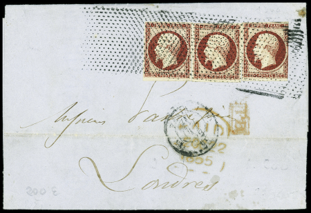 N°17A 80c carmin, 3 pièces (2 TB, 1 touchée) OBL rouleau de pointillés sur lettre de Paris pour Londres (1855). TB