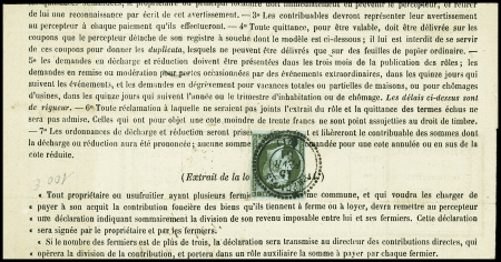 N°11 1c olive, OBL CAD perlé T22 "Précigné (71)" (1861) sur avis de contributions de la Sarthe. TB
