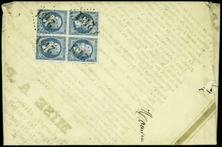 N°22, bloc de 4, OBL GC 2451 + T15 "Montereau (73)" (1867) sur env de fortune confectionnée à base d'une affiche de vente immobilière. TB