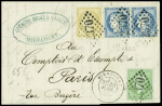 N°35 + 59 + 60 en paire OBL GC 2370 + T17 "Mirecourt (82)" (1873) sur lettre, AFF tricolore. TB