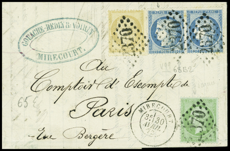 N°35 + 59 + 60 en paire OBL GC 2370 + T17 "Mirecourt (82)" (1873) sur lettre, AFF tricolore. TB