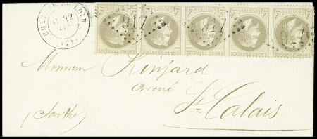 N°27 4c gris, bande de 5, OBL GC 917 + T17 "Château du Loir (71)" (1871) sur lettre