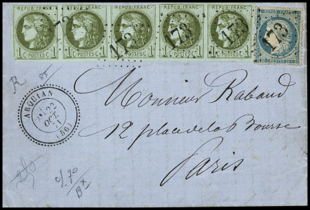 N°39 1c olive, bande de 5, 4 timbres touchés, 1TB + n°37 OBL GC 173 + T24 "Arquian (56)" (26 oct 71 - ind 15) sur lettre
