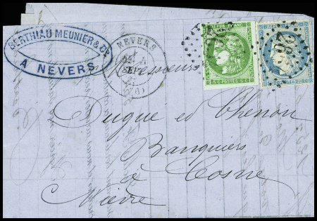 N°42B + 37 OBL GC 2654 + T17 "Nevers (56)" (4 sept 71) sur lettre. TB