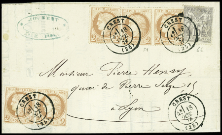 N°51, bande de 3 + paire + n°66 OBL T17  "Crest (25)" (18 oct 76) sur lettre, bel AFF composé Cérès - Sage. TB