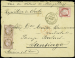N°54 en paire + 57 OBL étoile 1 + CAD "Paris Pl. de la Bourse" (1875) sur lettre pour Santiago du Chili avec mention manuscrite "Voie du Détroit de Magellan" et arrivée. TB