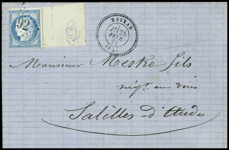 N°60, grand BDF à droite avec marque ovale "Contrôle TP" OBL GC 4692 + T24 "Baixas (65)" (1873) sur lettre. TB