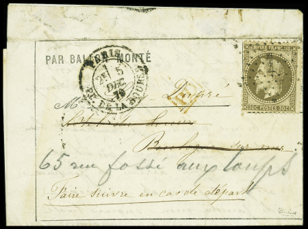 L'ARMEE DE BRETAGNE N°30 OBL étoile 1 + CAD "Paris PL. de la Bourse" (5 dec 70) sur foraule par ballon monté pour Boulogne sur Mer (arrivée 11 dec 70) réexpédiée en poste restante à Bruxelles et revenue à Boulogne sur Me