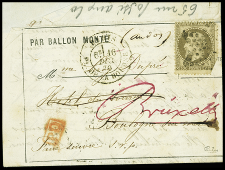N°30 (def) OBL étoile 1 + CAD "Paris PL. de la Bourse (16 dec 70) sur formule par ballon monté pour Boulogne sur Mer (arrivée 31 dec 70) réexpédiée à Bruxelles en poste restante (arrivée 1 janv 71)