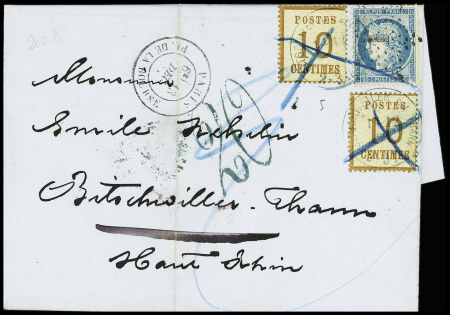 N°37 OBL étoile 1 + CAD "Paris PL. de la Bourse" (13 dec 70) + Alsace n°5, 2 pièces OBL CAD "Bischweiler bei Thann" (14.12.71) + croix au crayon bleu + taxe 20 sur lettre pour Bischwiller (Haut Rhin)