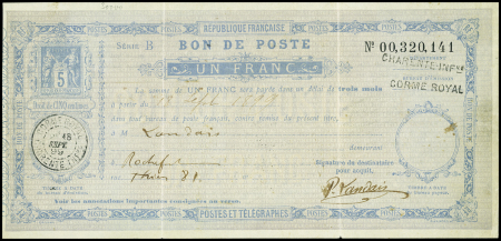 Bon de poste 5c Sage bleu en franc (SAG F4) OBL Corme Royal Charente Inf (1899)