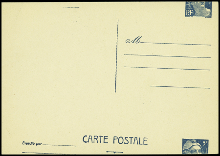 Carte postale 5F Gandon bleu avec spectaculaire découpe à cheval de la figurine (GAN G1D). Neuve. TB