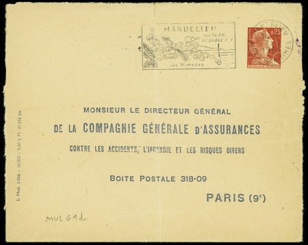 Env. 0,25 Muller rouge TSC Compagnie Générale d'Assurances (MUL G1D) OBL, avec ref 5-60 non signalée, pli central habituel. TB