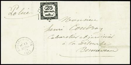 N°5, 25c noir, OB L GC 3341 + T16 "Savigny-s-Braye (40)" (1874) sur lettre. TB