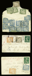 3 petites lettres taxées à 2F10 avec timbre-taxe n°41, 2F orange + divers (art 50 de la loi du 9 avril 1910). Ensemble rare