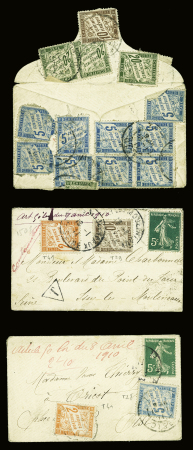 3 petites lettres taxées à 2F10 avec timbre-taxe n°41, 2F orange + divers (art 50 de la loi du 9 avril 1910). Ensemble rare