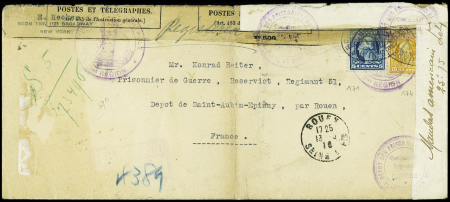 2 lettres (USA et Suède) adressées à un prisonnier allemand à Saint Aubin Epinay près Rouen avec censures (contenaient des billets de banque) + carte postale de fortune écrite sur du bois de bouleau "Souvenir du bois de