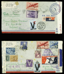 2 lettres des USA pour Téhéran, chacune avec vignette France Libre avec V noir rouge de coq et censure violette "Anglo-soviet-persian censorship". TB