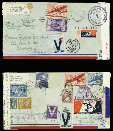 2 lettres des USA pour Téhéran, chacune avec vignette France Libre avec V noir rouge de coq et censure violette "Anglo-soviet-persian censorship". TB