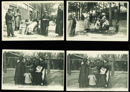 4 cartes postales Paris vécu : la soupe aux Halles - à la fontaine - aux Champs Elysées, l'heure du goûter (2) - le Marché aux Oiseaux. TB