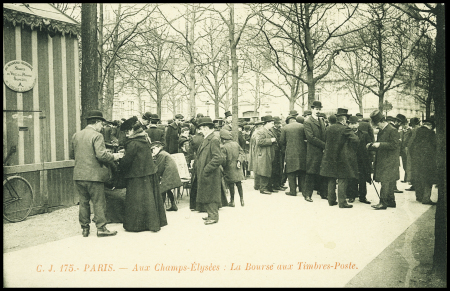 2 CP : Aux Champs Elysées, la Bourse aux Timbres-poste (CJ n°175) et Scènes parisiennes, aux Champs Elysées (n°2177, bourse aux timbres). TB 