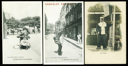 2 CP scènes parisiennes (nos forains - une représentation au théatre guignol) et 2 CP petits métiers parisiens Laas et Pécaud (le marchand de cresson - le réparateur de porcelaine). TB