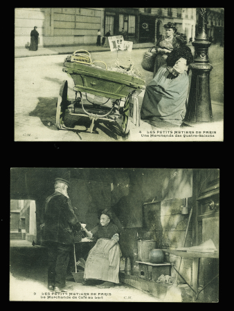 3 CP Les petits métiers de Paris CM (un marchand de légumes au panier - une marchande des quatre saisons - la marchande de café au lait). TB 