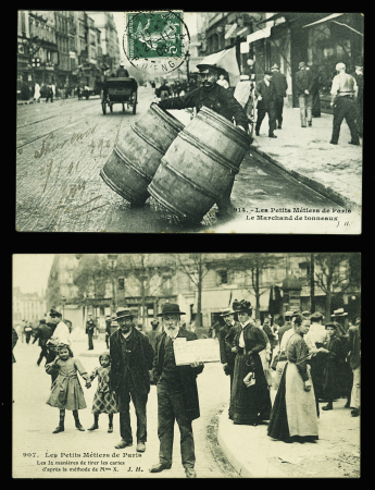 4 CP Les petits métiers de Paris JH (la marchand de tonneaux - les 32 manières de tirer les cartes - le chevrier - le décrotteur commissionnaire). TB
