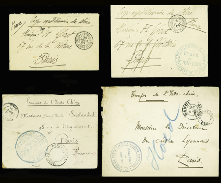 Chine et Indochine : 4 lettres dont 2 avec cachet bleu "Corps expéditionnaire du Petchili - Place de Tien-Tsin (1901). TB