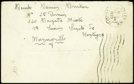 Espagne n°559, 4 pièces + 530 OBL linéaire "Monegrillo" sur lettre pour Nantes (1937) avec cachet rect violet "26 division 120 brigada mixta censura de guerra". TB