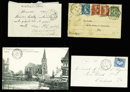 5 plis toutes époques dont ambulant d'essai octogonal "Le Havre à Paris 1°F" (1865) et lettre de Paris pour le SP 91598 (Pacifique 1983) avec étiquette "Courrier retardé pour cause d'incident météorologique". TB