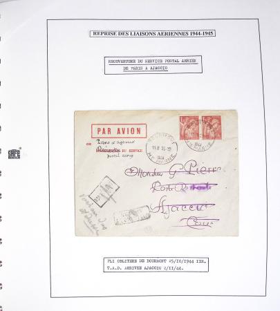 Collection de 60 pages dans reliure Safe noir : la reprise des relations aériennes françaises 1944 - 1945 dont Saumur - La Réunion (20.5.45) avec vignette tricolore. TB