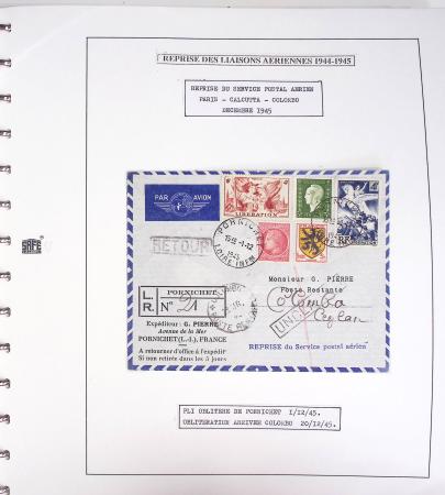 Collection de 60 pages dans reliure Safe noir : la reprise des relations aériennes françaises 1944 - 1945 dont Saumur - La Réunion (20.5.45) avec vignette tricolore. TB