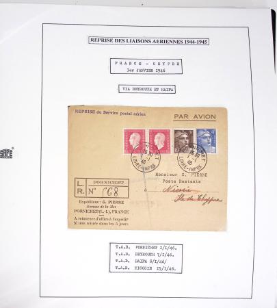 Collection de 60 pages dans reliure Safe noir : la reprise des relations aériennes françaises 1944 - 1945 dont Saumur - La Réunion (20.5.45) avec vignette tricolore. TB