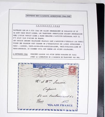Collection de 60 pages dans reliure Safe noir : la reprise des relations aériennes françaises 1944 - 1945 dont Saumur - La Réunion (20.5.45) avec vignette tricolore. TB
