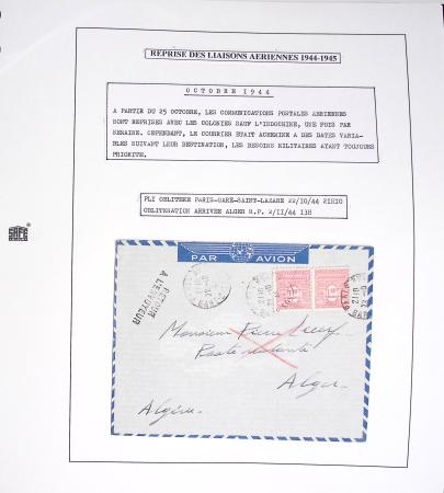 Collection de 60 pages dans reliure Safe noir : la reprise des relations aériennes françaises 1944 - 1945 dont Saumur - La Réunion (20.5.45) avec vignette tricolore. TB