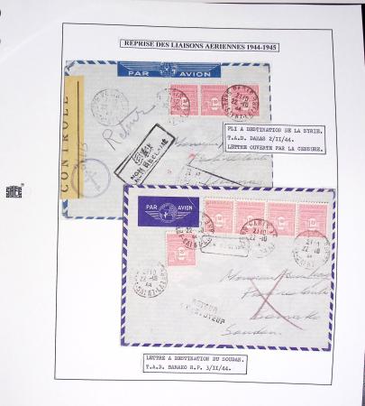 Collection de 60 pages dans reliure Safe noir : la reprise des relations aériennes françaises 1944 - 1945 dont Saumur - La Réunion (20.5.45) avec vignette tricolore. TB