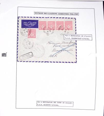 Collection de 60 pages dans reliure Safe noir : la reprise des relations aériennes françaises 1944 - 1945 dont Saumur - La Réunion (20.5.45) avec vignette tricolore. TB