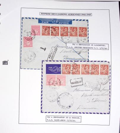 Collection de 60 pages dans reliure Safe noir : la reprise des relations aériennes françaises 1944 - 1945 dont Saumur - La Réunion (20.5.45) avec vignette tricolore. TB