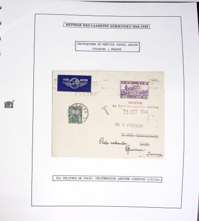 Collection de 60 pages dans reliure Safe noir : la reprise des relations aériennes françaises 1944 - 1945 dont Saumur - La Réunion (20.5.45) avec vignette tricolore. TB